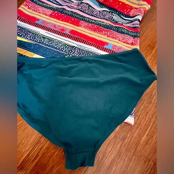 Swimwear Tankini 2PC Multi Graphic Stripe Tank Top Solid High Waist Bikini SZ L - Picture 4 of 8